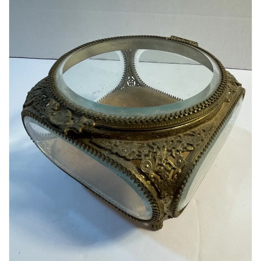 Vtg Gold Tone Beveled Glass Jewelry Box/Casket. 4 Sided